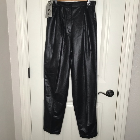 NWT Vintage Dead Stock Leather Look Polyester Black High Rise Pants. - Picture 2 of 9